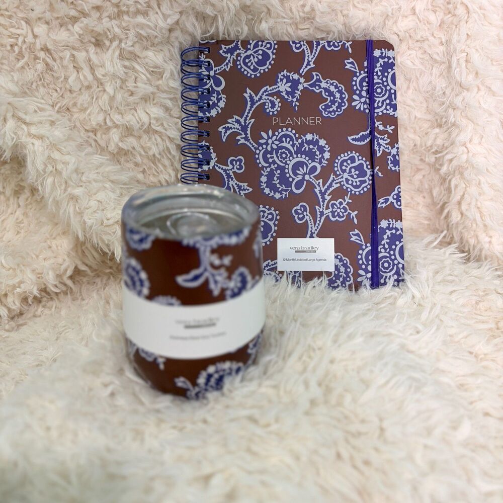 Vera Bradley Cotswolds Brown Blue Floral Undated Planner & Insulated Wine Cup